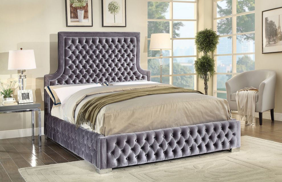 Velvet gray fabric king bed w/ tufted headboard by Meridian