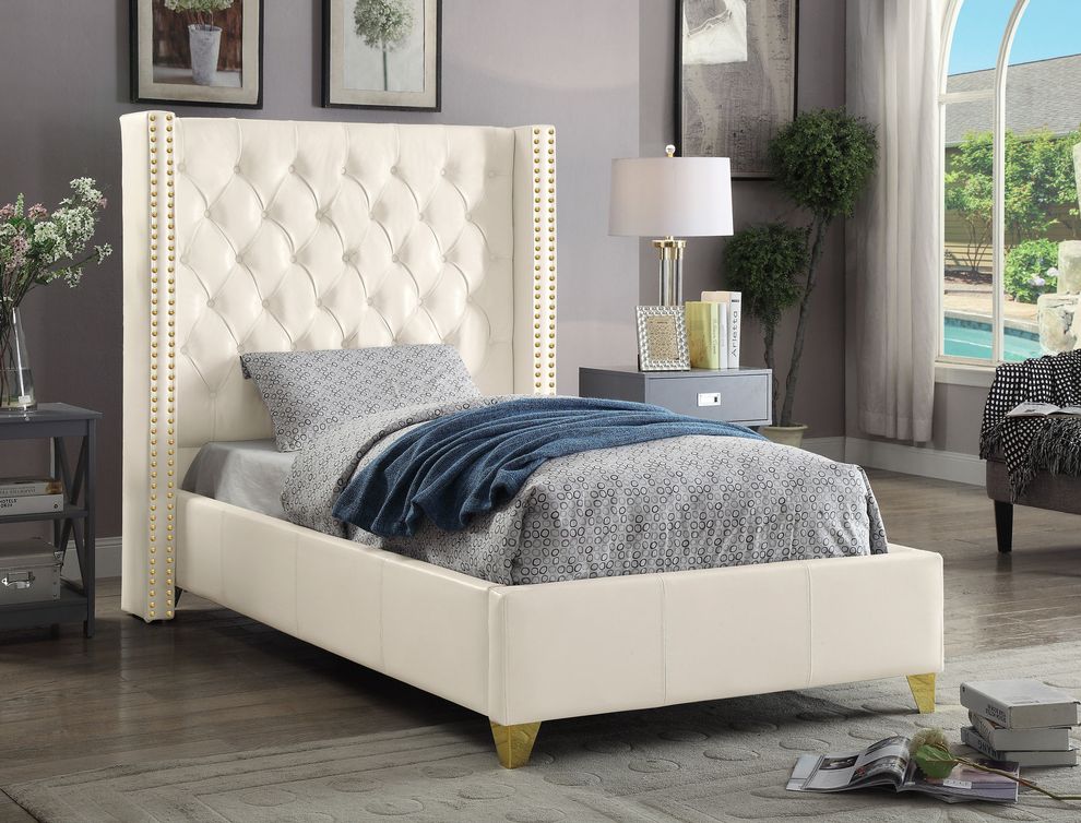 White tufted bonded leather wing design twin bed by Meridian