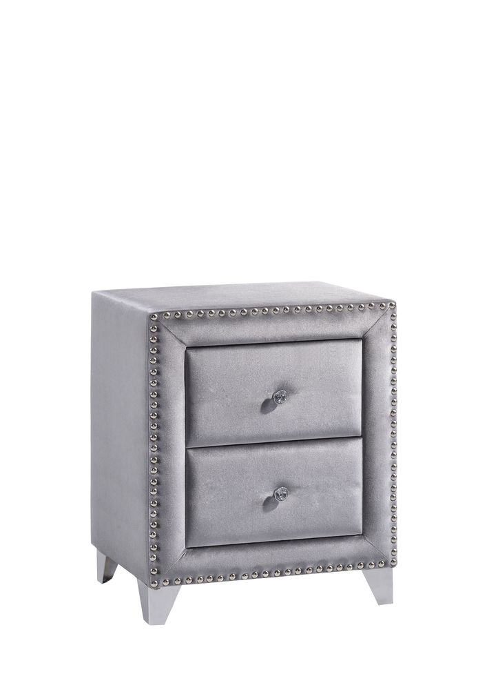 Gray velvet nightstand by Meridian