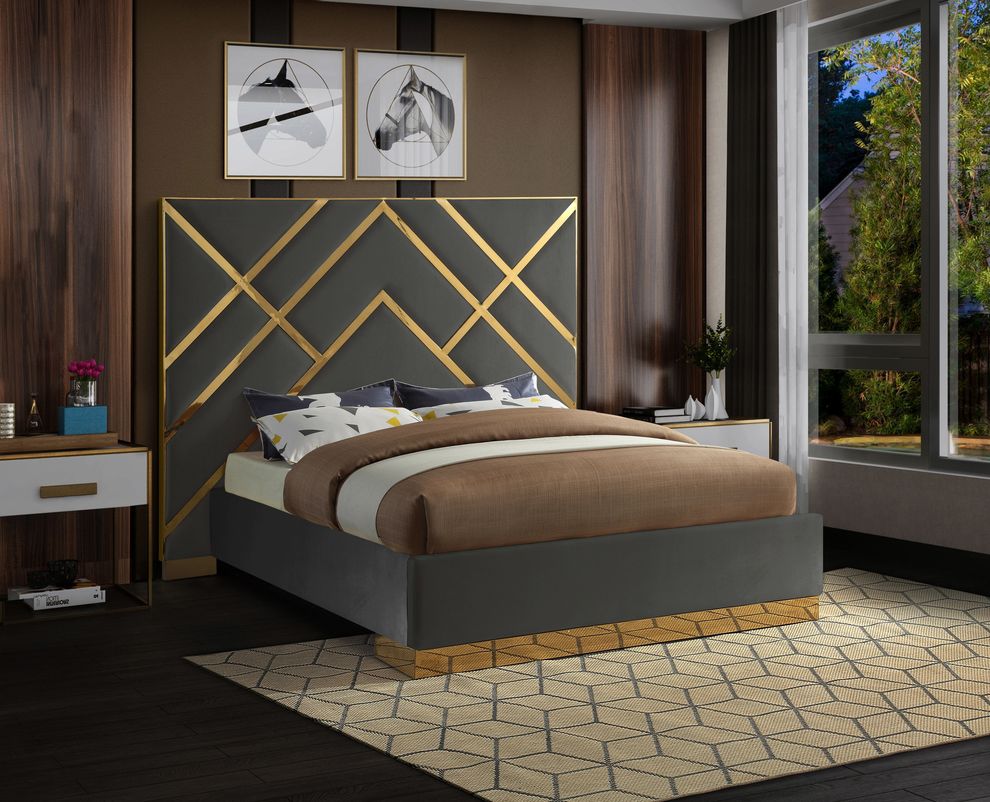 Gold metal / gray velvet contemporary bed by Meridian