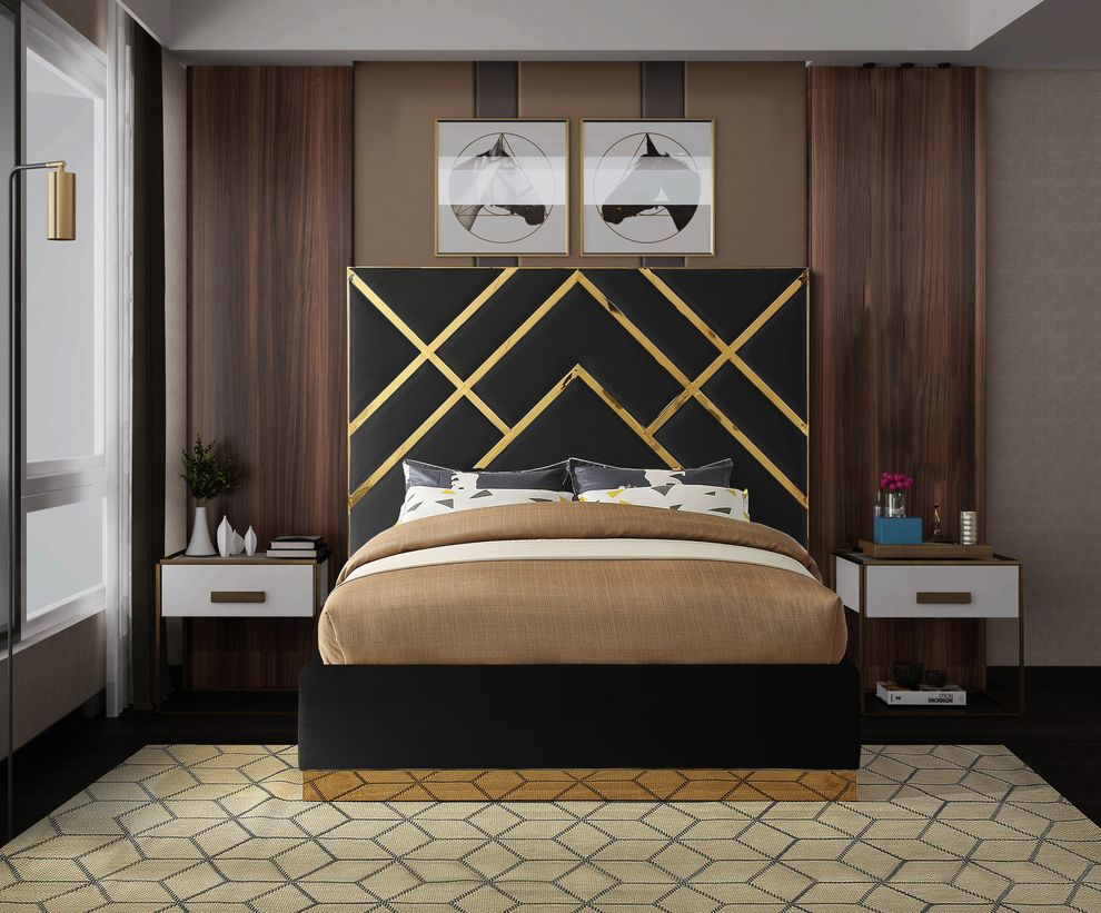 Gold metal / black velvet contemporary king bed by Meridian