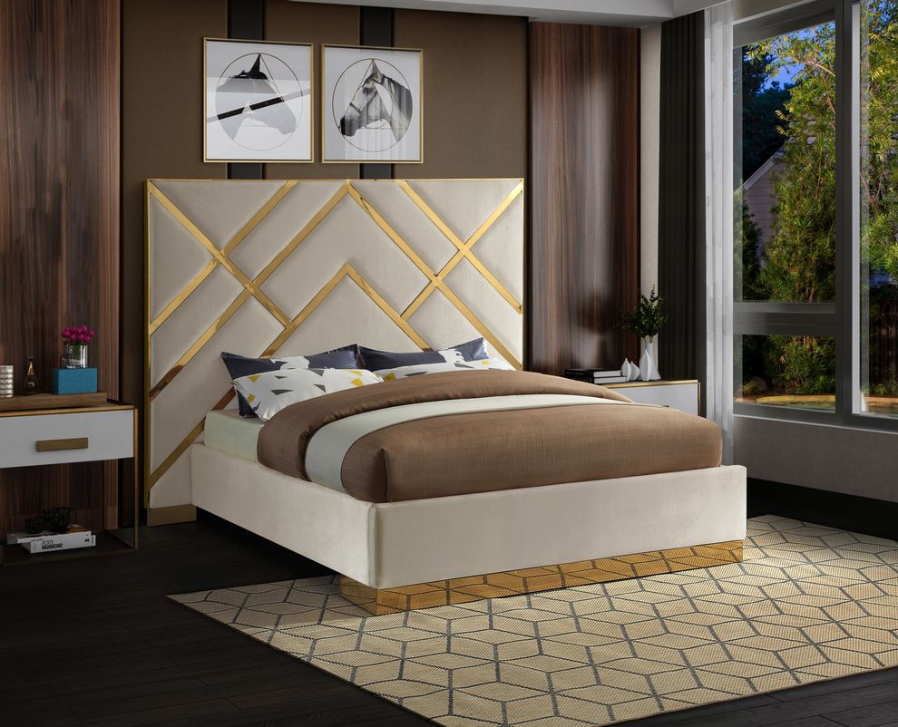 Gold metal / cream velvet contemporary bed by Meridian
