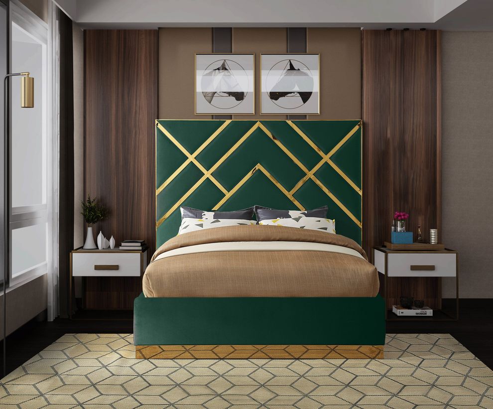 Gold metal / green velvet contemporary king bed by Meridian
