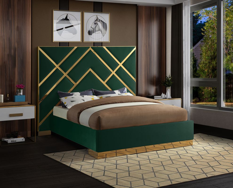 Gold metal / green velvet contemporary bed by Meridian