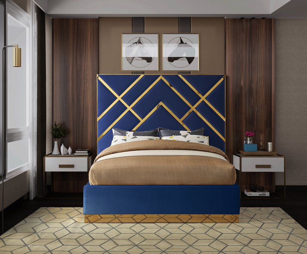 Gold metal / navy velvet contemporary king bed by Meridian