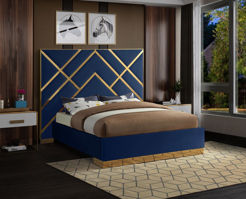 Gold metal / navy velvet contemporary bed by Meridian