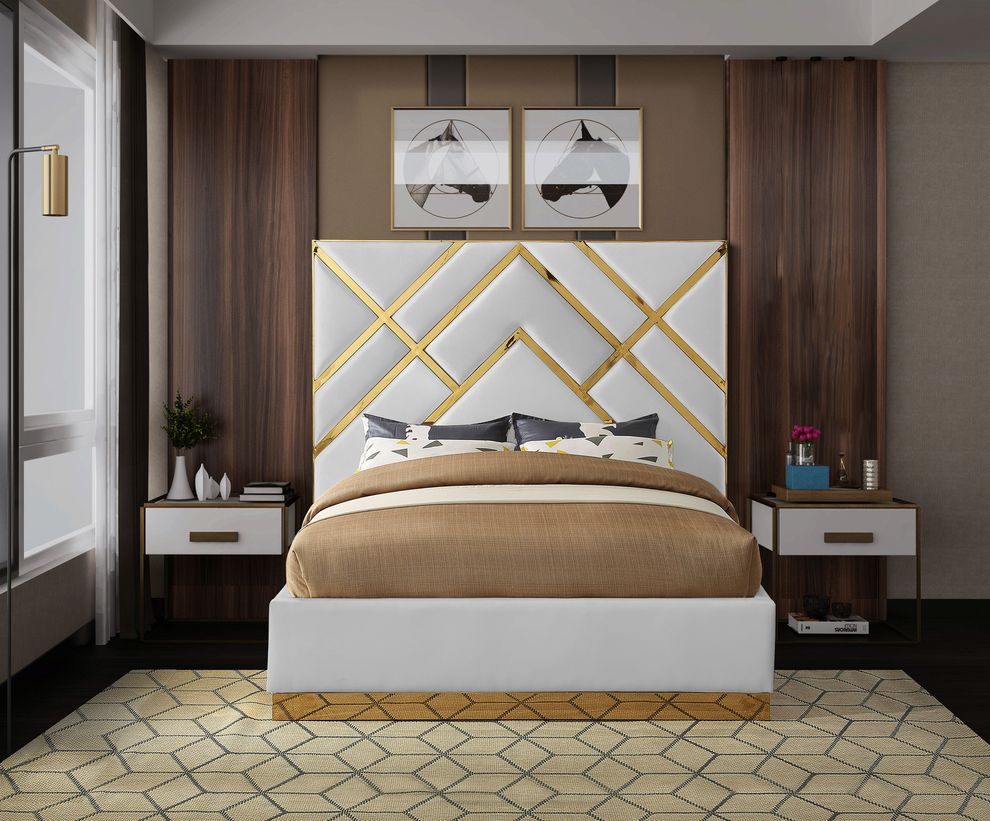 Gold metal / white leatherette king bed by Meridian