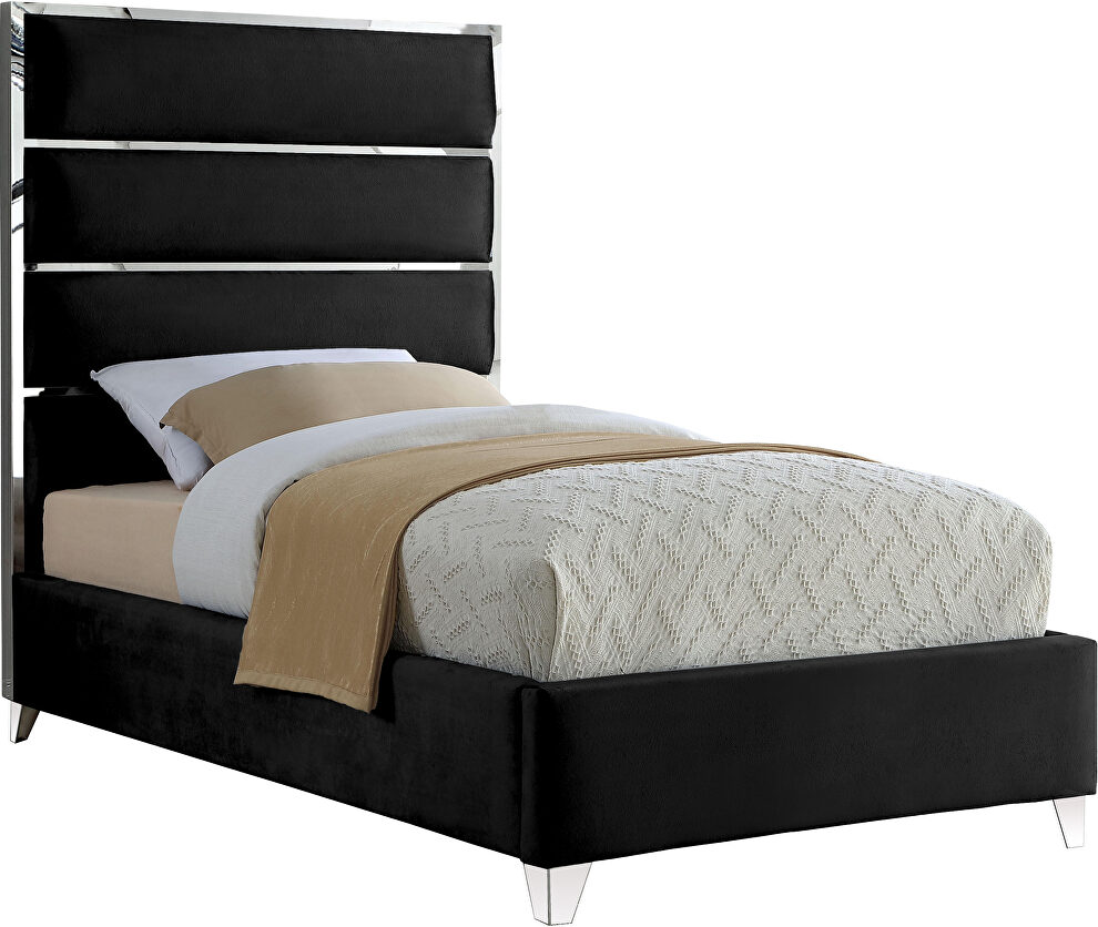 Chrome / black velvet designer twin platform bed by Meridian