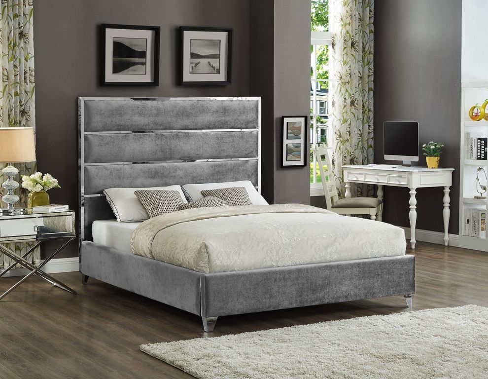 Chrome / gray velvet designer king bed by Meridian