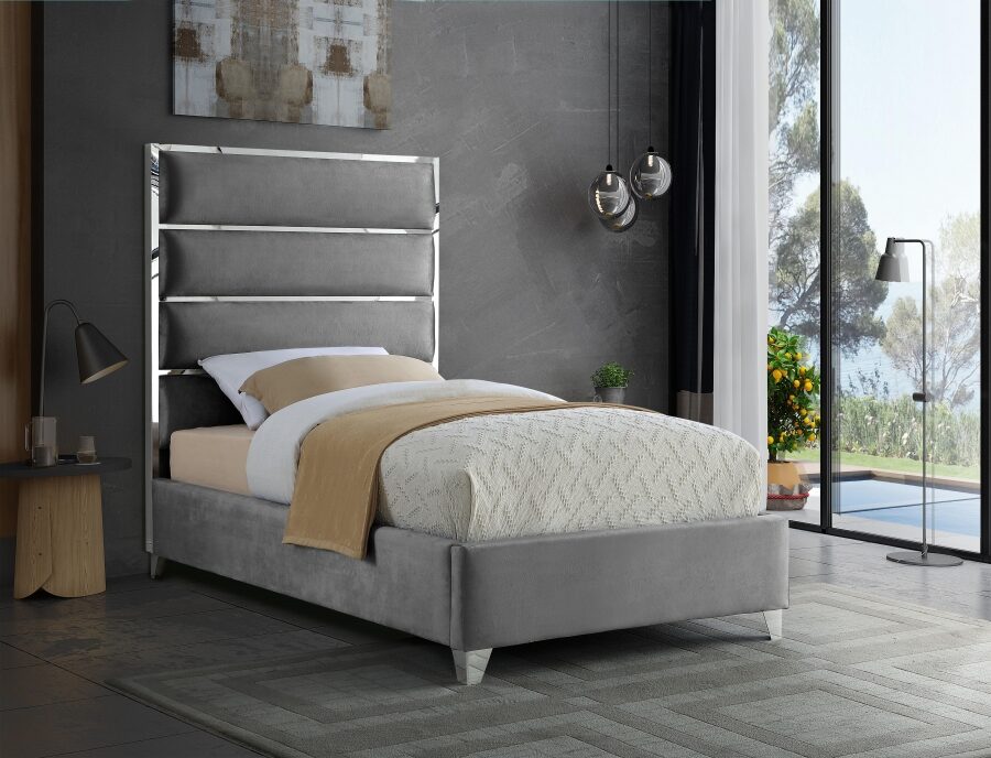 Chrome / gray velvet designer platform twin bed by Meridian