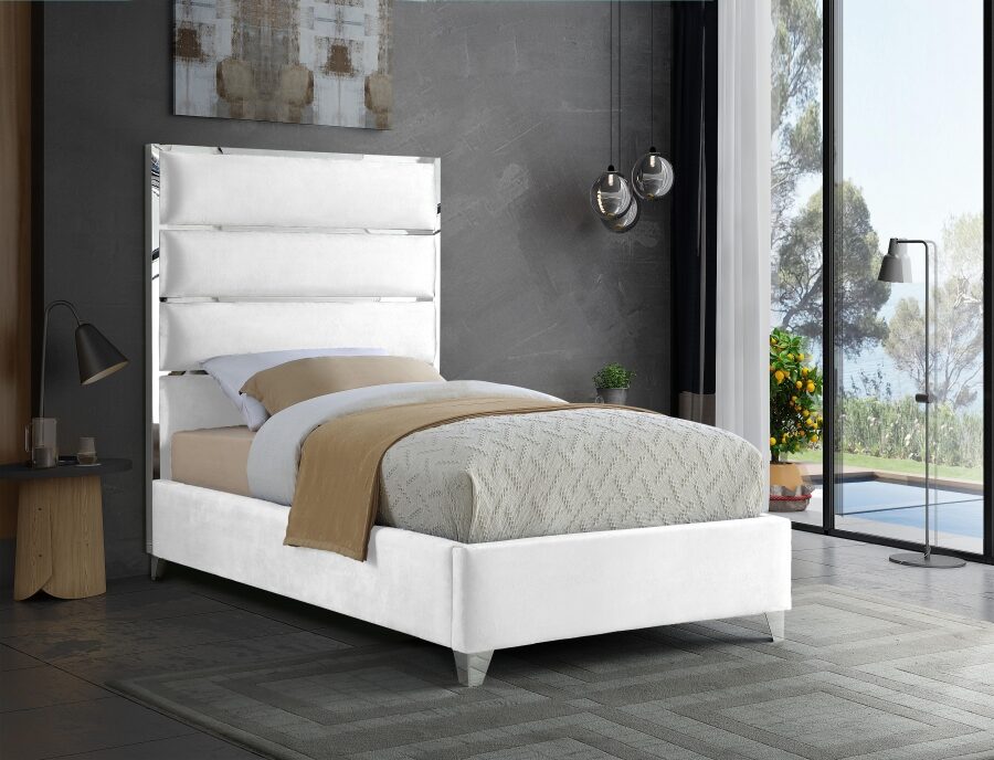 Chrome / white velvet designer platform twin bed by Meridian