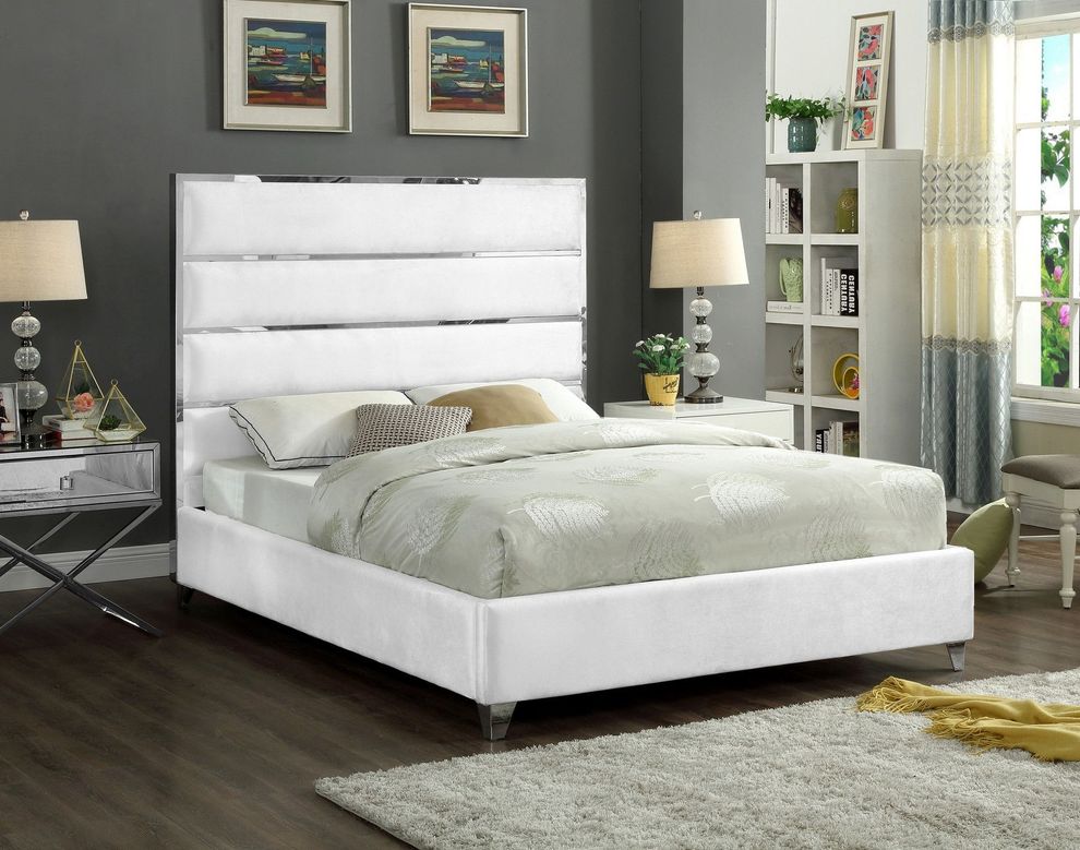 Chrome / white velvet designer platform bed by Meridian