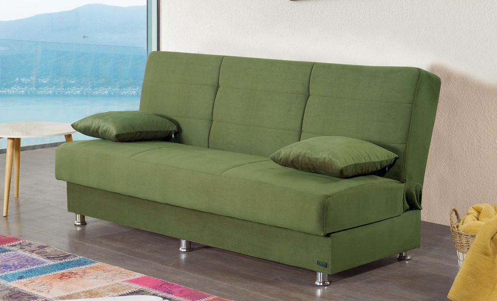 Green microfiber sofa bed w/ storage and pillows by Empire Furniture USA