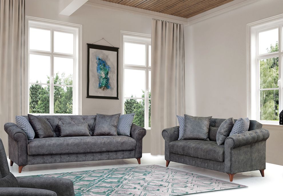 Tufted gray fabric storage / sleeper sofa by Empire Furniture USA