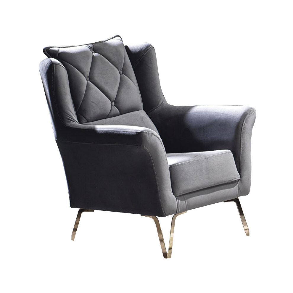 Tufted low-profile gray fabric chair w/ gold accents by Empire Furniture USA
