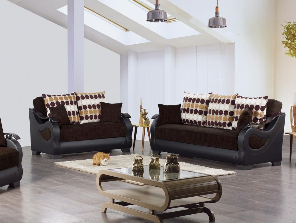 Fabric/bycast dark brown storage sofa & loveseat set by Empire Furniture USA