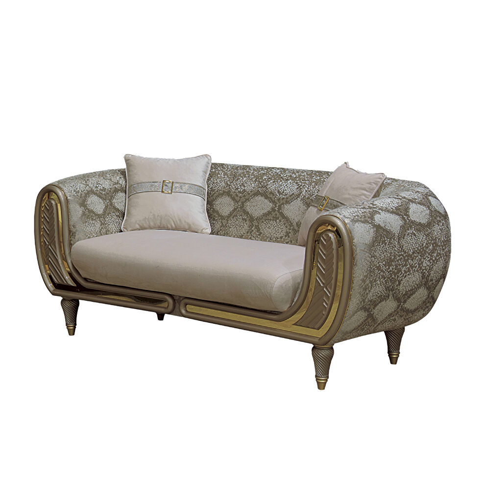 Cream velvet fabric loveseat w/ gold trim by Empire Furniture USA