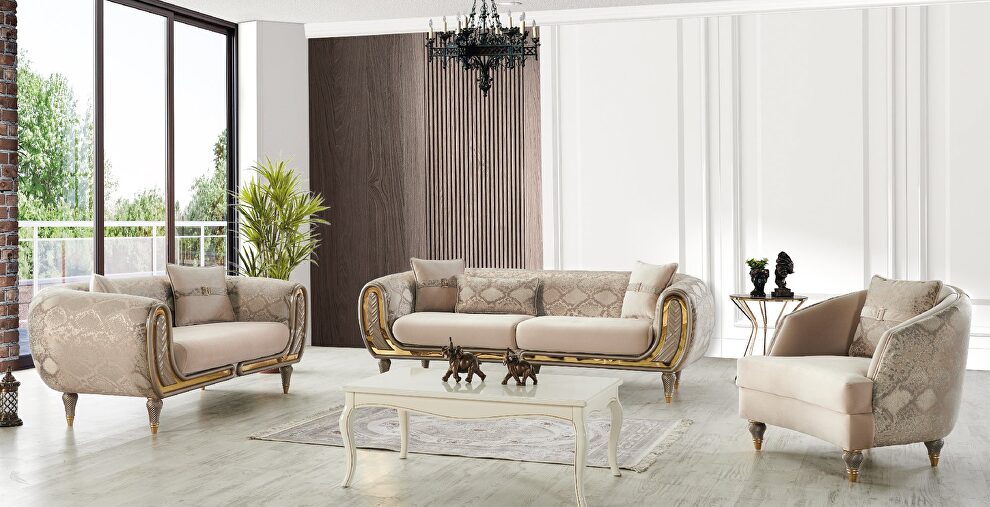 Cream velvet fabric sofa w/ gold trim by Empire Furniture USA