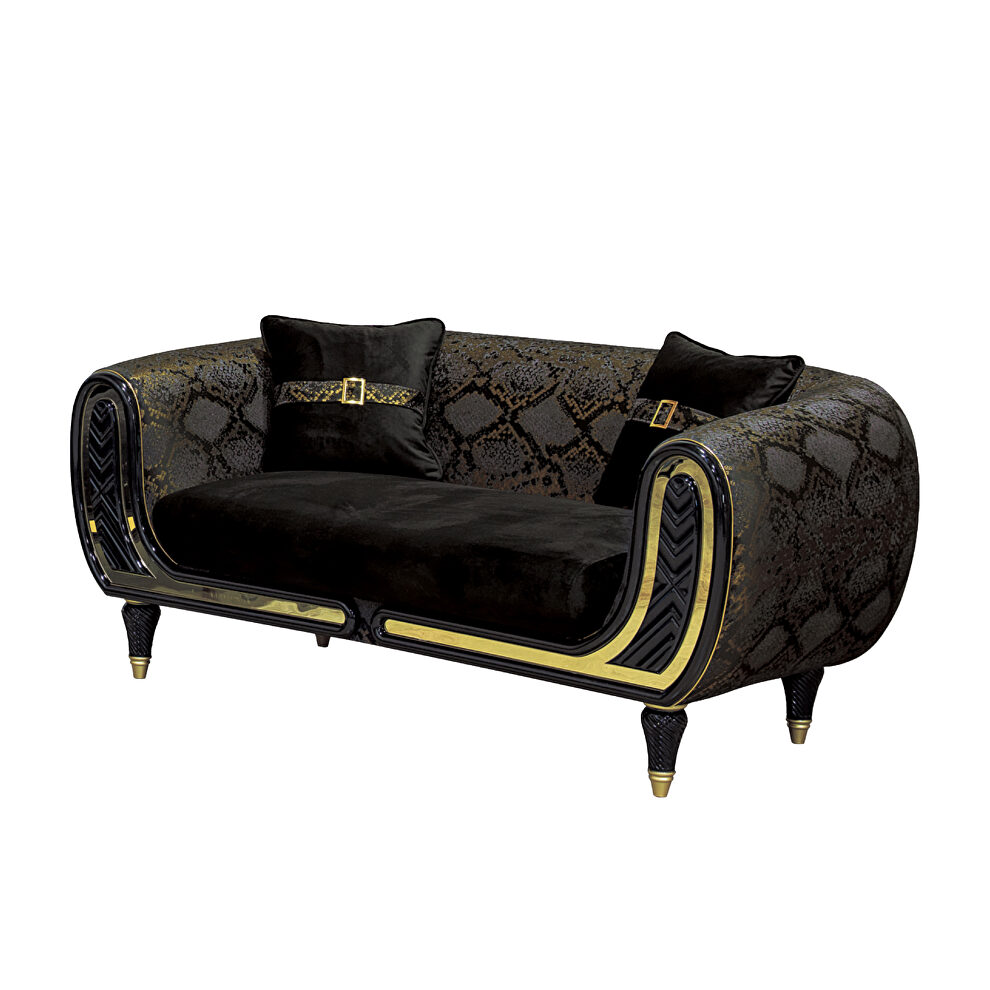 Black velvet fabric loveseat w/ gold trim by Empire Furniture USA