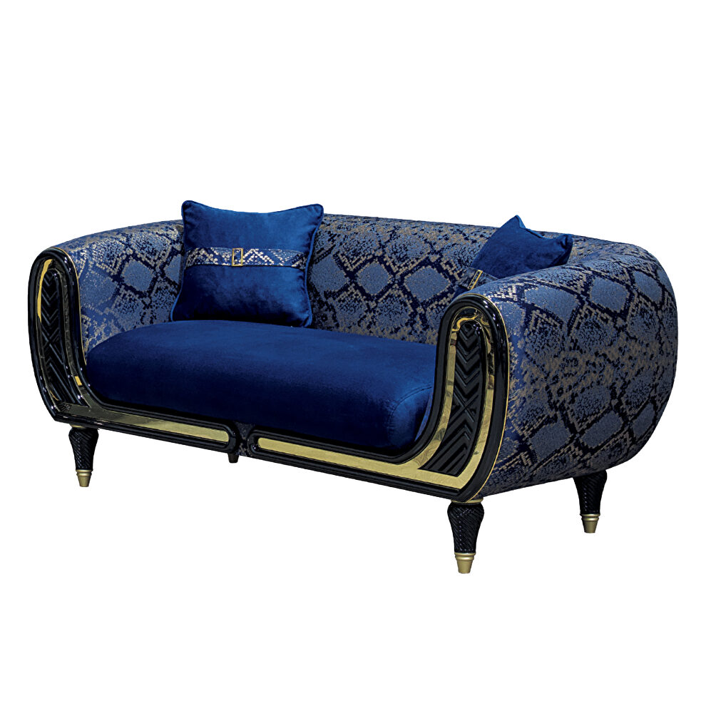 Blue velvet fabric loveseat w/ gold trim by Empire Furniture USA