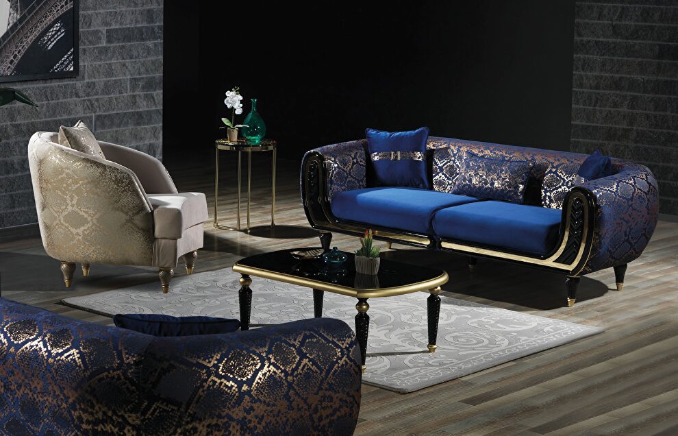 Blue velvet fabric sofa w/ gold trim by Empire Furniture USA