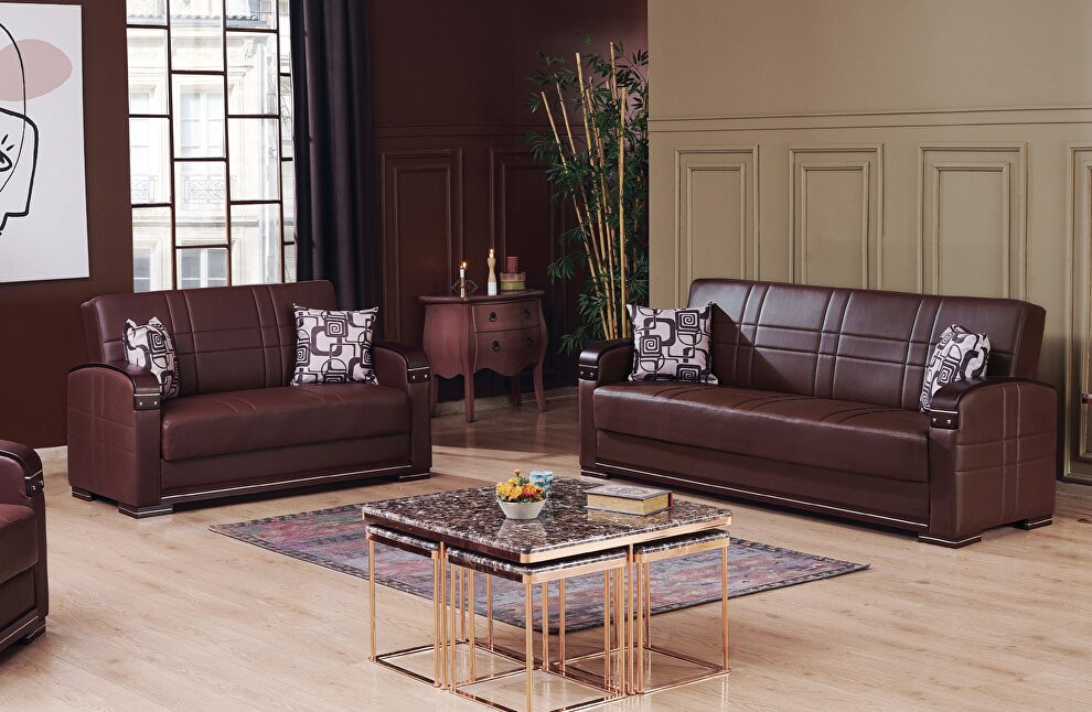 Versatile leather sofa bed w/ storage in brown by Empire Furniture USA