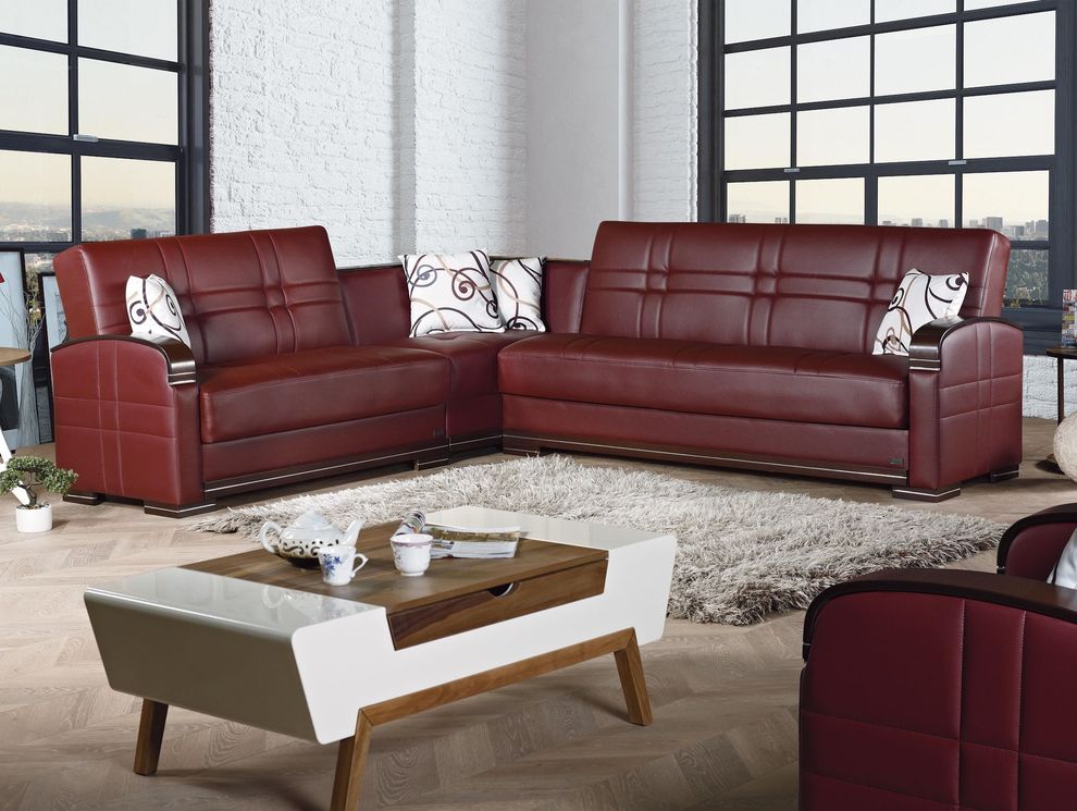 Burgundy leatherette sleeper / storage sectional by Empire Furniture USA
