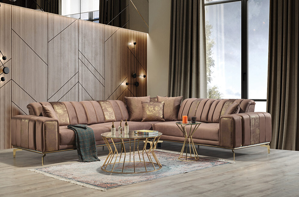 Low-profile velvet contemporary brown / gold sectional by Empire Furniture USA