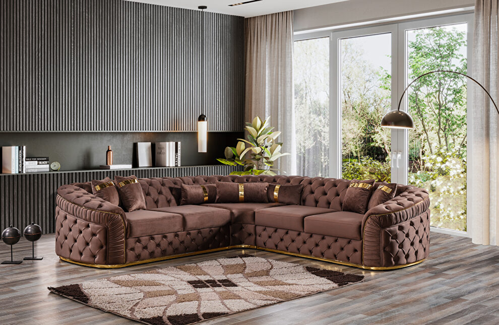 Brown velvet upholstery modern low-profile tufted sectional by Empire Furniture USA