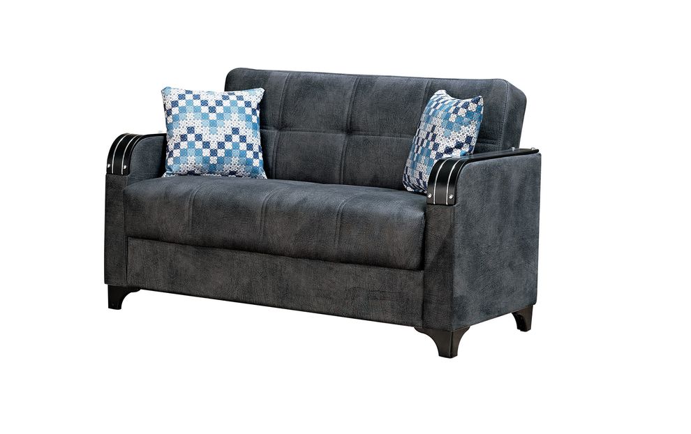 Gray fabric sleeper loveseat w/ wooden arms by Empire Furniture USA