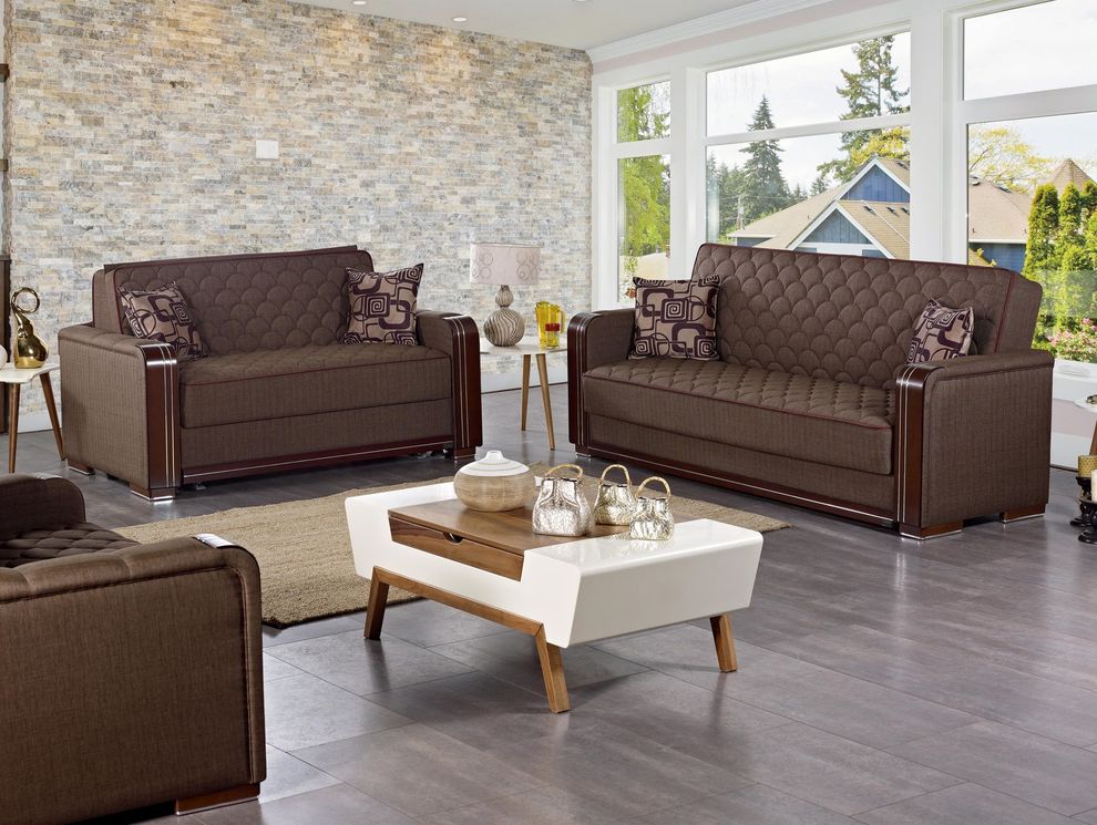 Versatile dark brown/gray fabric sofa set by Empire Furniture USA
