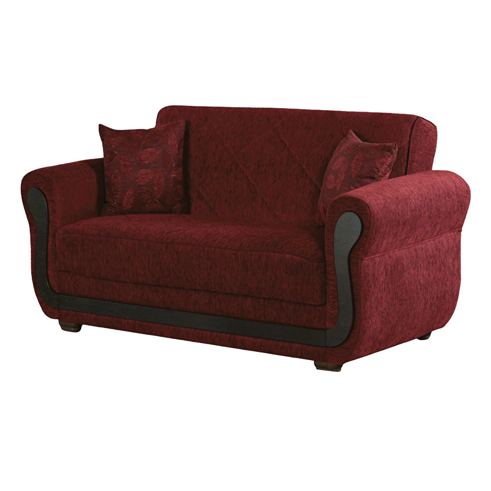 Wood trim / burgundy fabric loveseat by Empire Furniture USA