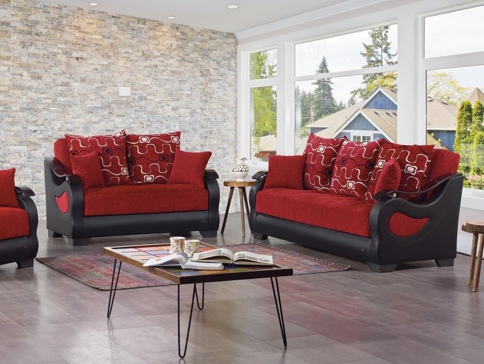 Modern deep burgundy convertible sofa & loveseat set by Empire Furniture USA