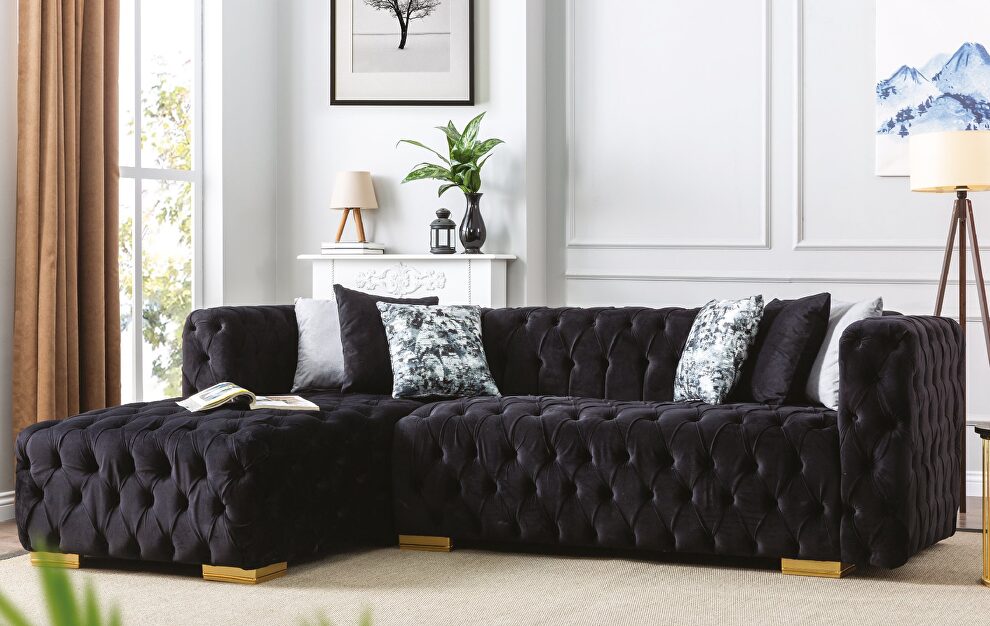 Tufted low-profile sectional in black velvet microfiber by Empire Furniture USA