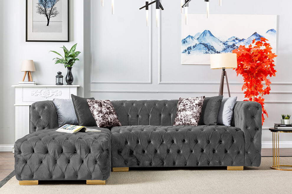 Tufted low-profile sectional in gray velvet microfiber by Empire Furniture USA
