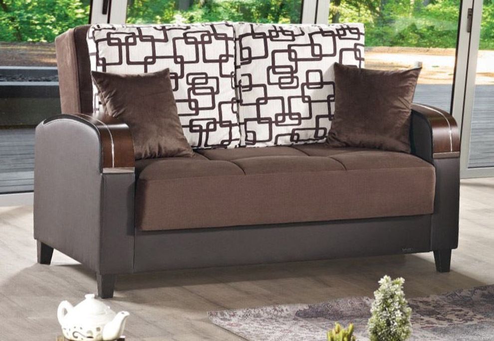 Two toned brown wood trim storage loveseat by Empire Furniture USA