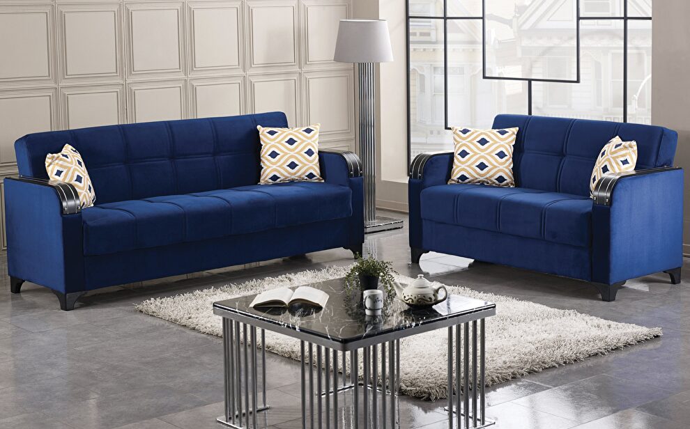 Blue microfiber stylish sleeper sofa w/ storage by Empire Furniture USA