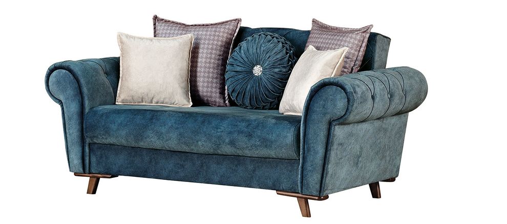 Stylish teak blue tufted arms storage loveseat by Empire Furniture USA