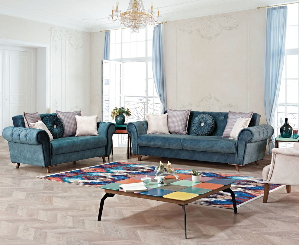 Stylish teak blue tufted arms storage sofa by Empire Furniture USA