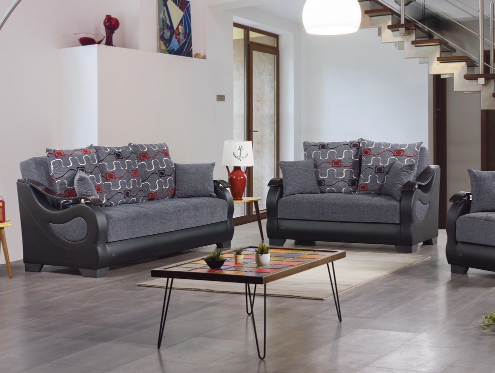 Dark gray / black fabric storage sofa + loveseat set by Empire Furniture USA