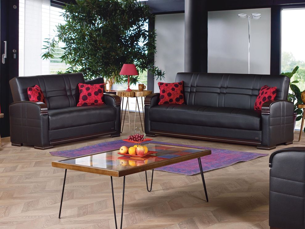 Black leatherette convertible sofa w/ storage by Empire Furniture USA