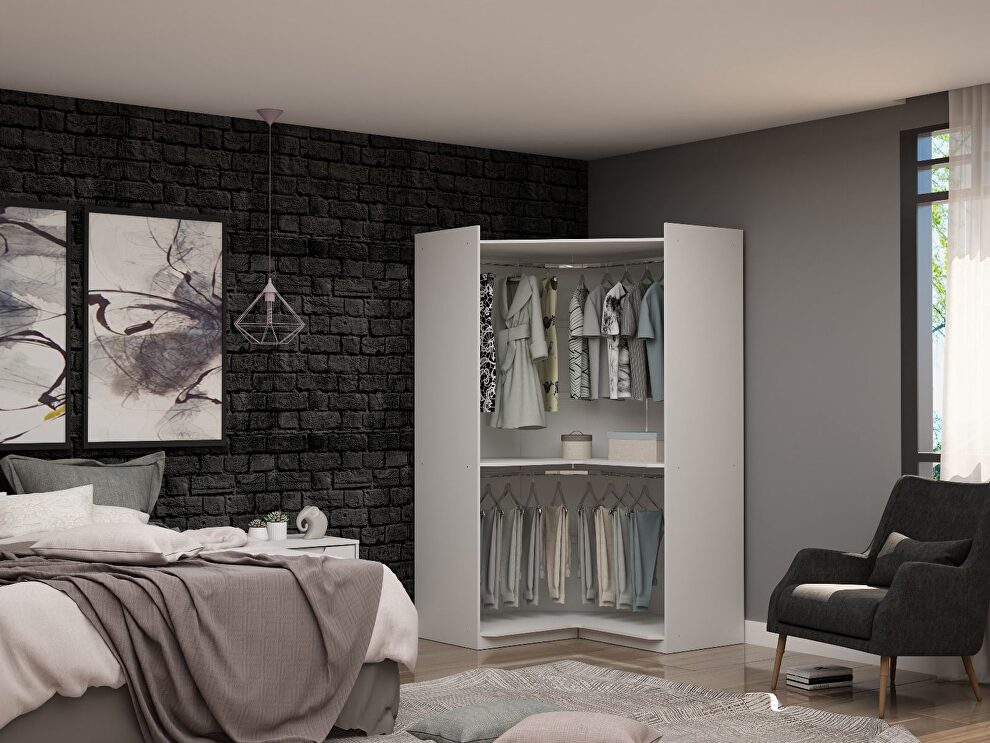 Modern open corner closet with 2 hanging rods in white by Manhattan Comfort