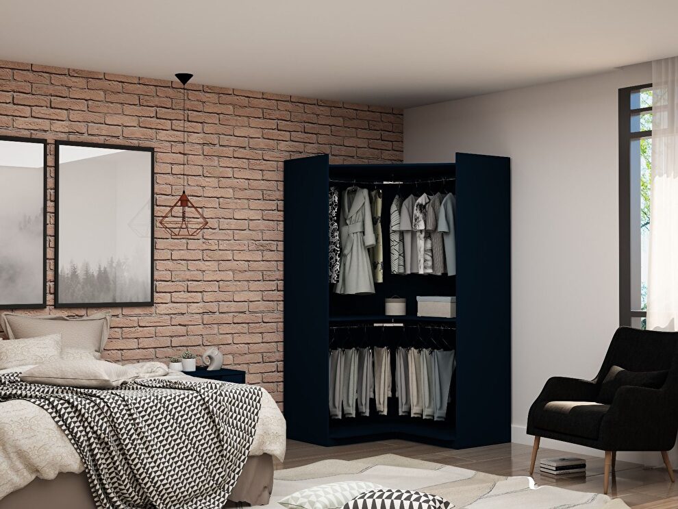 Modern open corner closet with 2 hanging rods in tatiana midnight blue by Manhattan Comfort