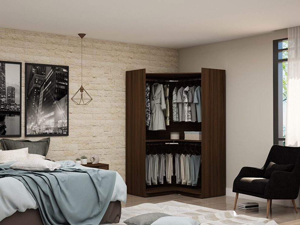 Modern open corner closet with 2 hanging rods in brown by Manhattan Comfort