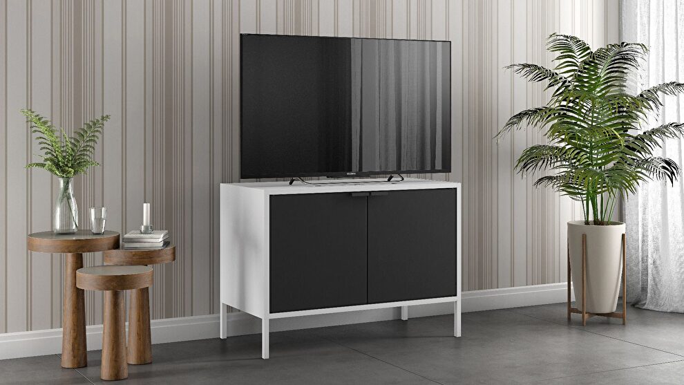Low 27.55 wide TV stand cabinet in white and black by Manhattan Comfort