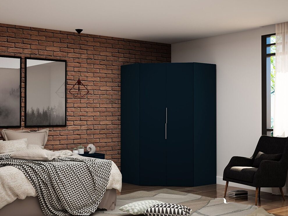 2.0 modern corner wardrobe closet with 2 hanging rods in tatiana midnight blue by Manhattan Comfort