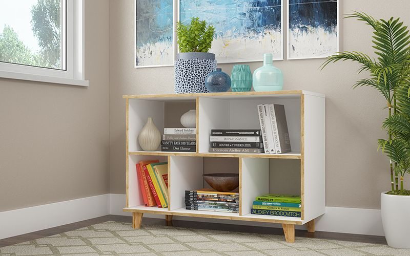 5-shelf mid-century low bookcase in white by Manhattan Comfort