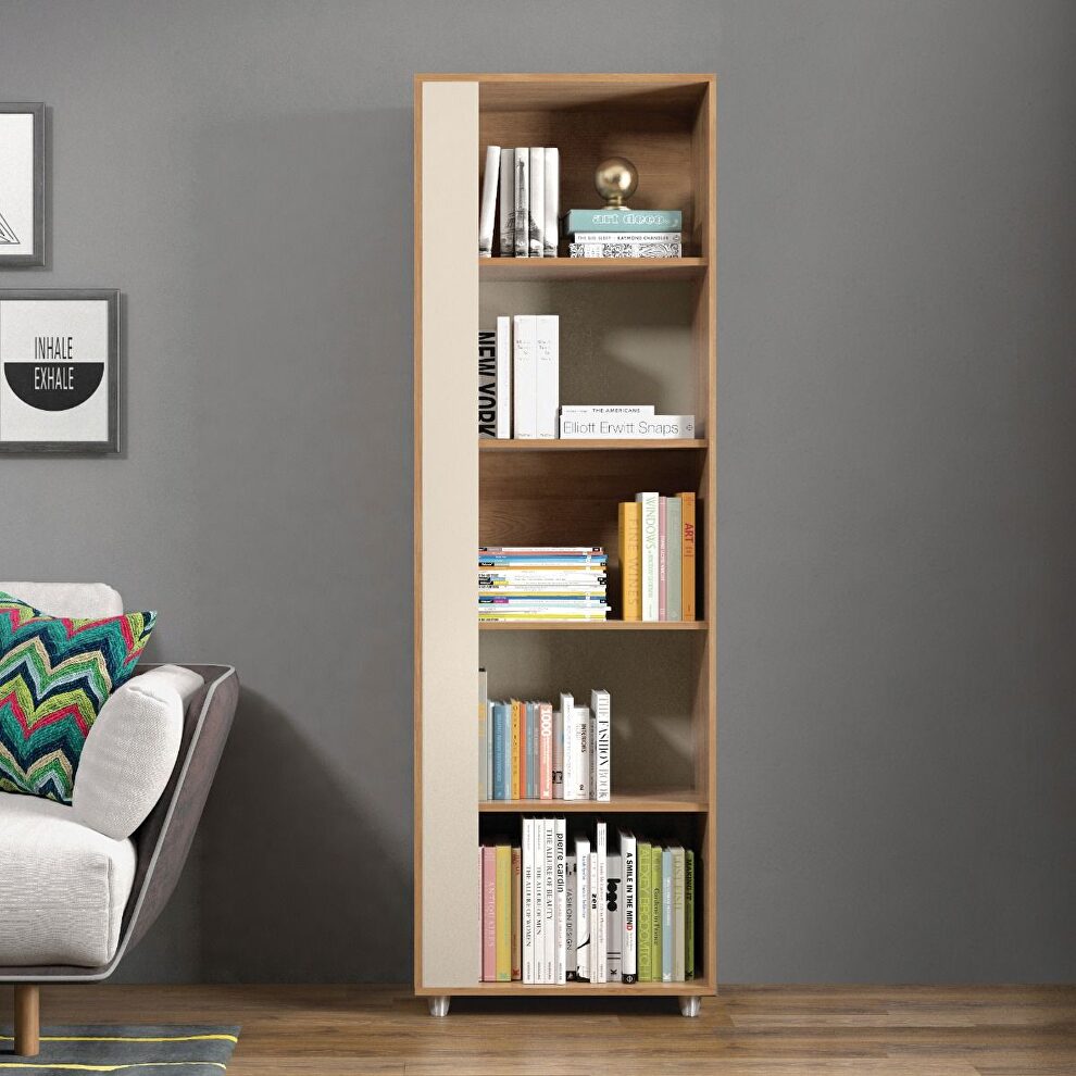 Mid-century- modern bookcase with 5 shelves in nature and off white by Manhattan Comfort