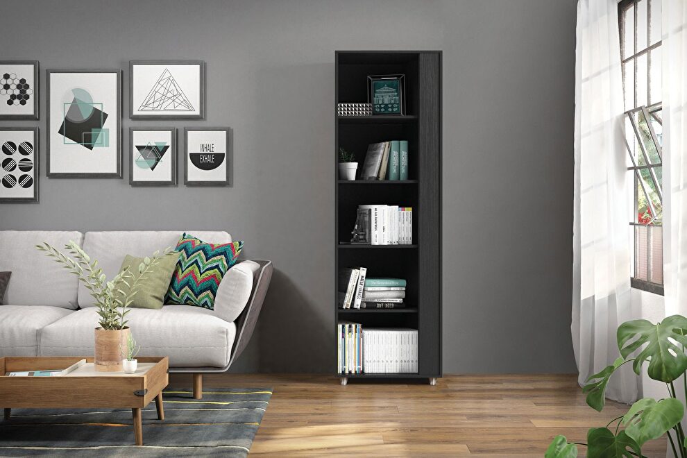 Mid-century- modern bookcase with 5 shelves in black by Manhattan Comfort