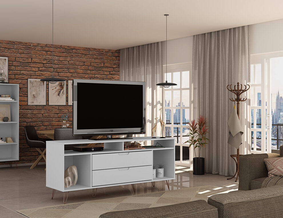 62.99 tv stand with metal legs and 2 drawers in white by Manhattan Comfort